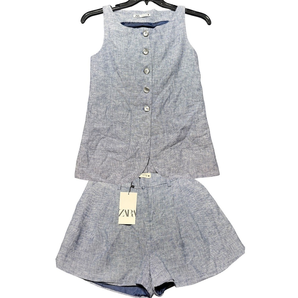 Zara Linen Blend Vest and Shorts Set Women Small Blue 8727/068/400